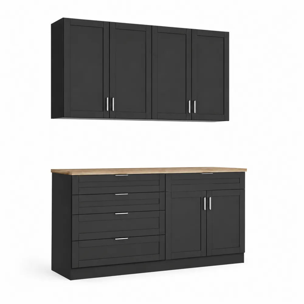 Set Armadio e Buffet Nero in MDF e Quercia con 4 Ante e 4 Cassetti