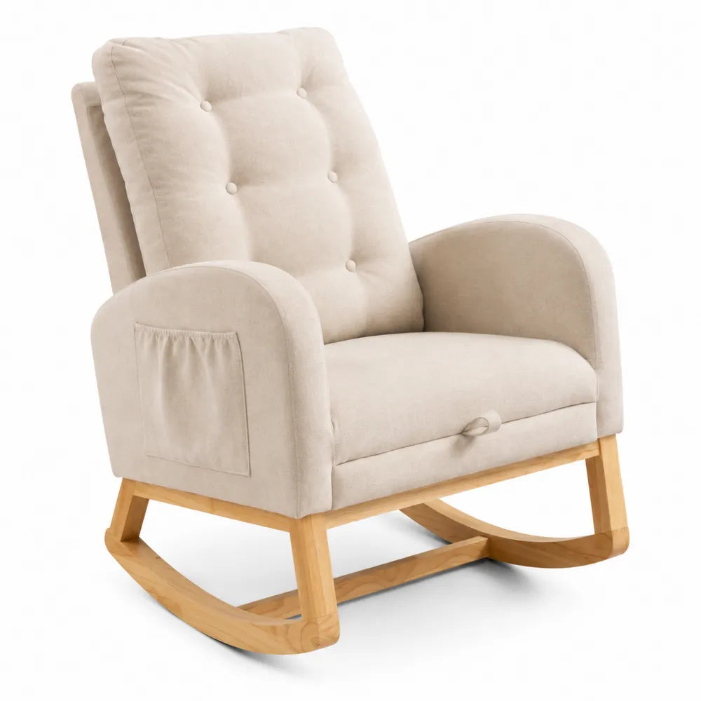 Poltrona a dondolo in tessuto beige con struttura in legno