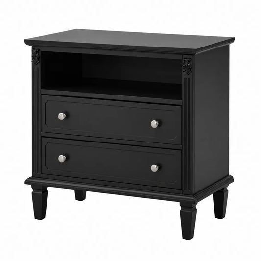 Comodino nero con 2 cassetti in legno e maniglie in metallo