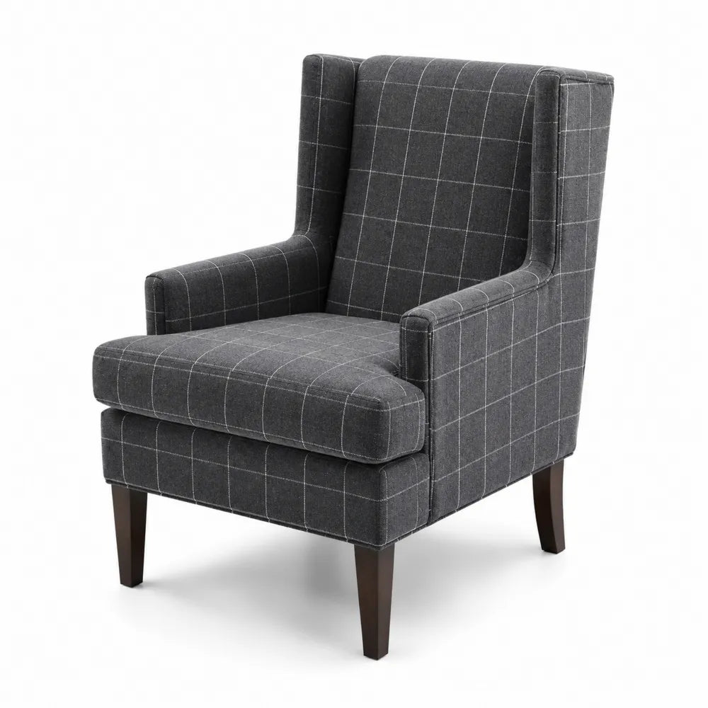 Poltrona in tessuto a quadri grigio scuro con gambe in legno