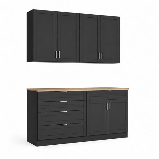 Set Armadio e Buffet Nero in MDF e Quercia con 4 Ante e 4 Cassetti