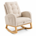 Poltrona a dondolo in tessuto beige con struttura in legno