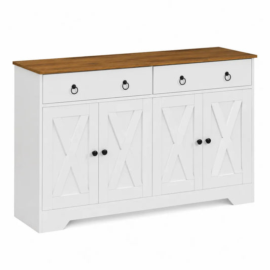 Credenza MDF Bianco e Marrone con 4 Ante e 2 Cassetti 120x40x85 cm